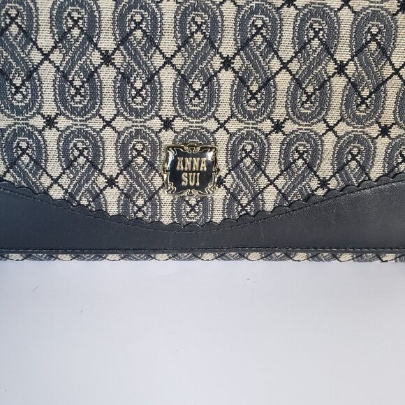 Anna Sui Wallet Clutch Gray Black Envelope Leather Canvas Boho Geometric Large - Picture 2 of 12